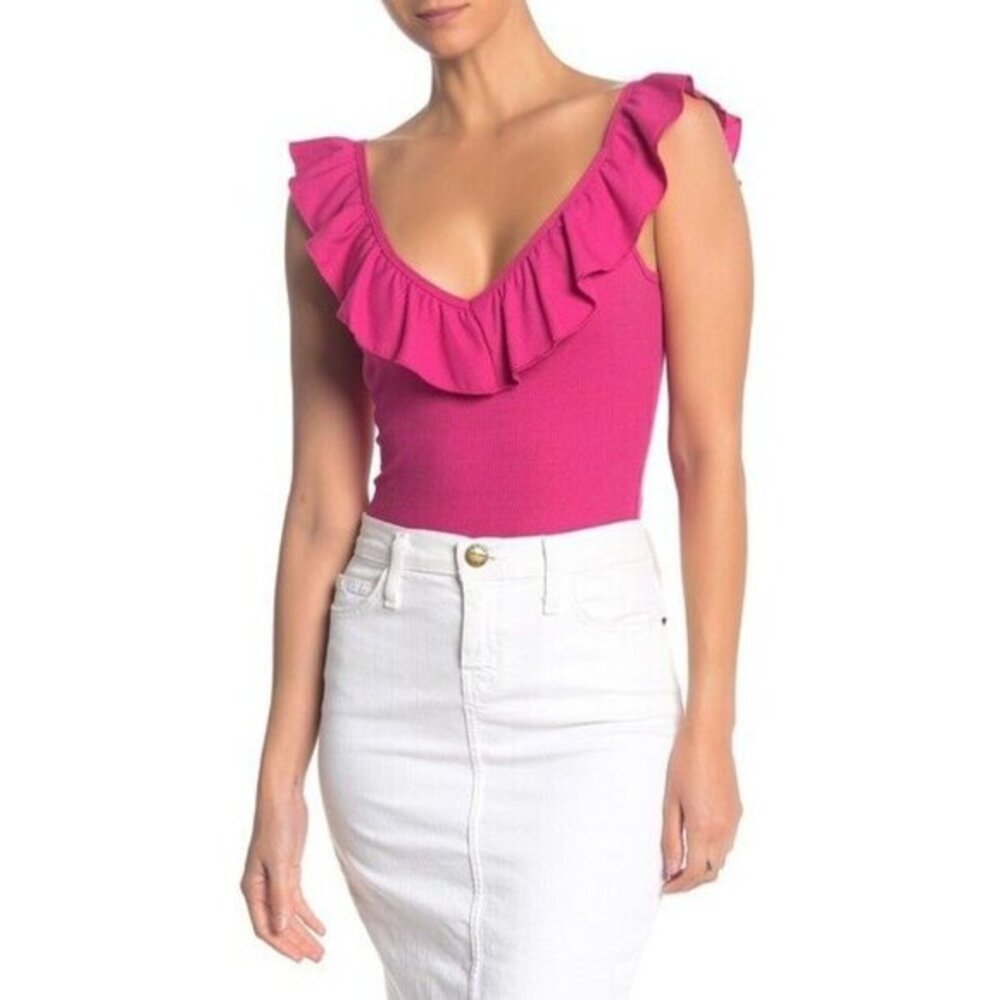 Socialite Pink Bodysuit Rib Ruffle Sleeveless V Neck Bodysuit SZ M New